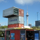 An ambitious redevelopment plan exists for Auckland's waterfront. This pop-up exhibit space features an overview of current offerings along the waterfront. The Sky Tower, in the background, is the tallest freestanding structure in the Southern Hemisphere
