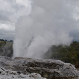 A view of the region's largest geyser from the Whakarewarewa Thermal Village. Entry into the Te Puia Cultural Center provided better access to the geyser, but it was much more expensive and the people at the entry were not very hospitable